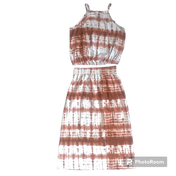 LARK + GREY 2-PIECE CROP TOP MIDI SKIRT WHITE/BURNT ORANGE TIE-DYE DRESS NEW SzS - Picture 5 of 8